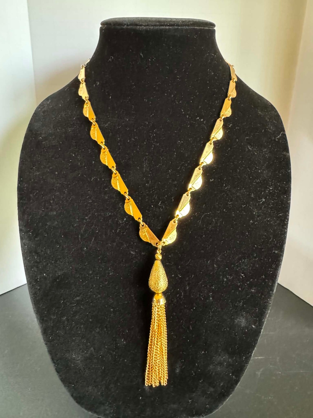 Vintage “Kramer” Textured Gold Tone Pendant Tassel Necklace ~ 18 inches