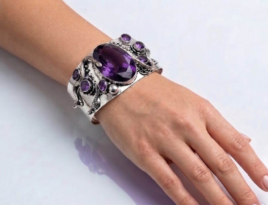 Purple Amethyst Cuff Bracelet 925 Sterling Silver Snake Handmade Jewelry S-ADJ