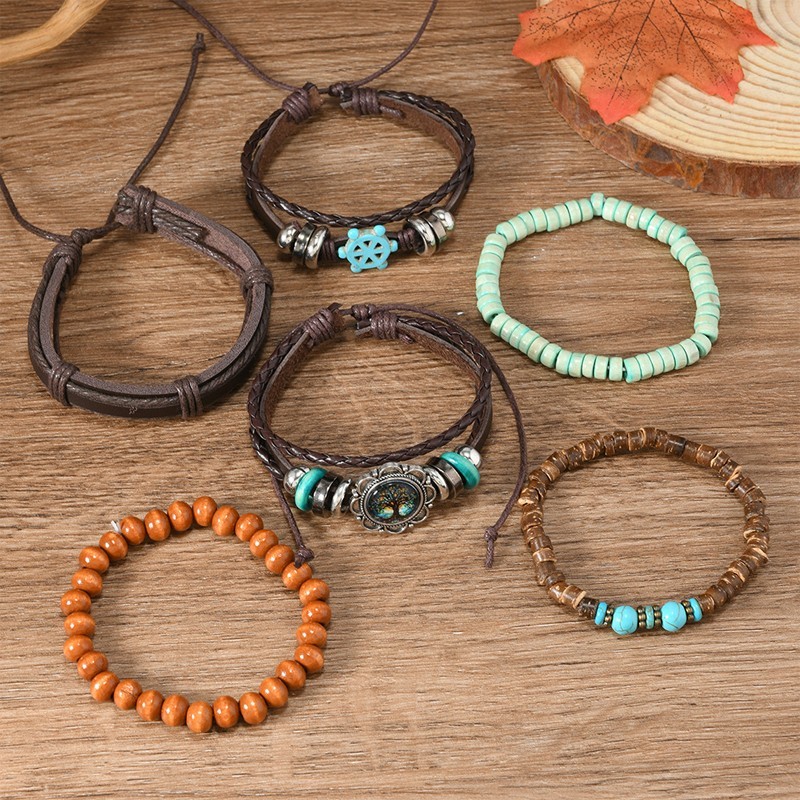 Bohemian style multi-layered leather bracelet with stacked, multi-colored beads.