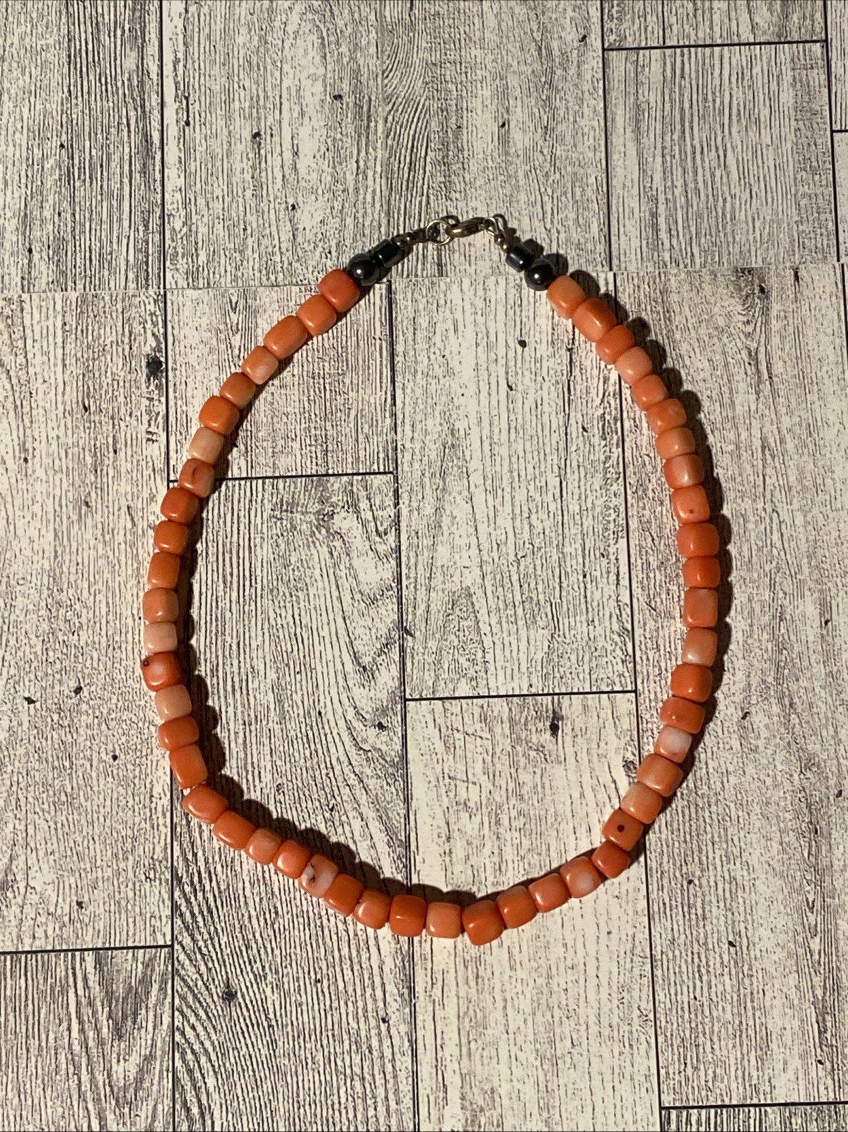 Salmon Bamboo Coral Cube Sterling Silver Closure 18” Bead Necklace Boho