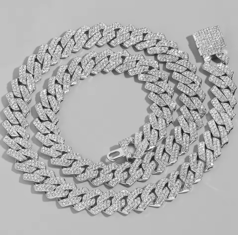 22 INCH Iced Out Prong Cuban Link Chain Necklace for Men/Women 2 Row Rhinestone