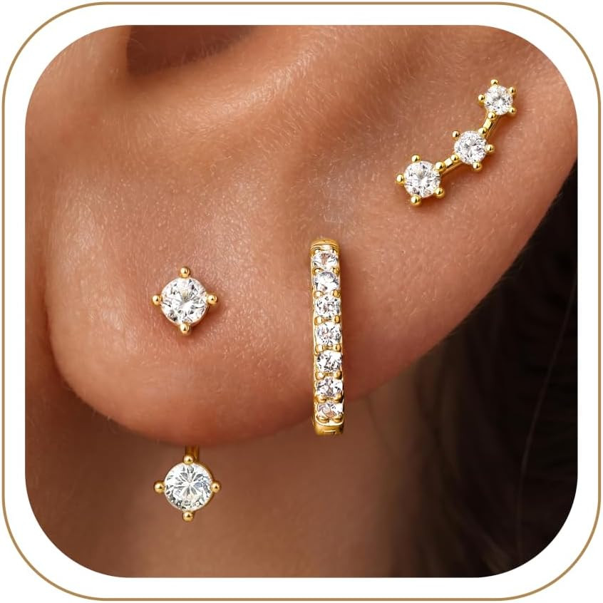 3 Pairs Dainty Small Earrings Set for Women Trendy, Birthstone Stud Huggie Hoop