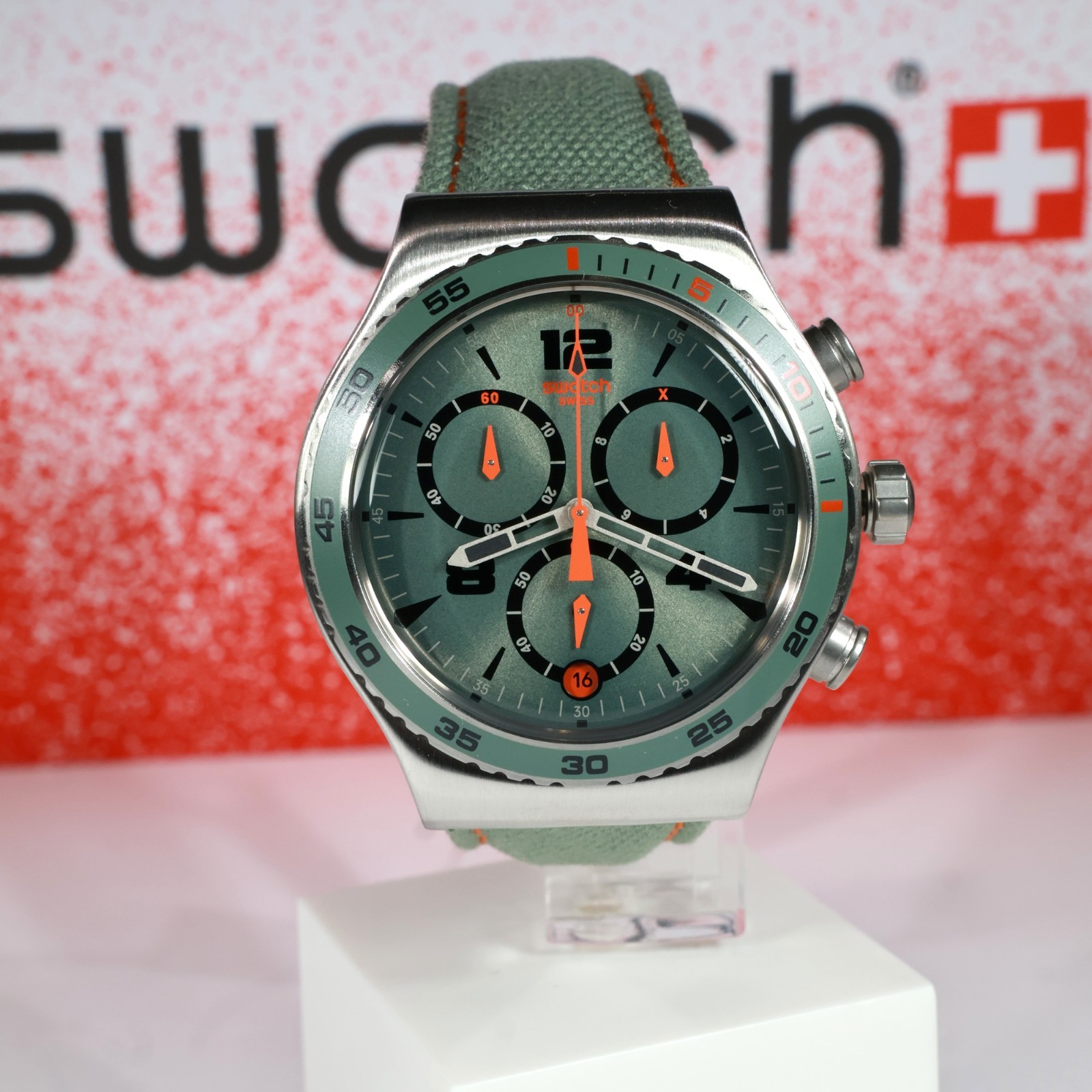 NEW SWATCH SWISS MADE L’HEURE DU MARAIS WATCH YVS402 43MM Green Orange Black