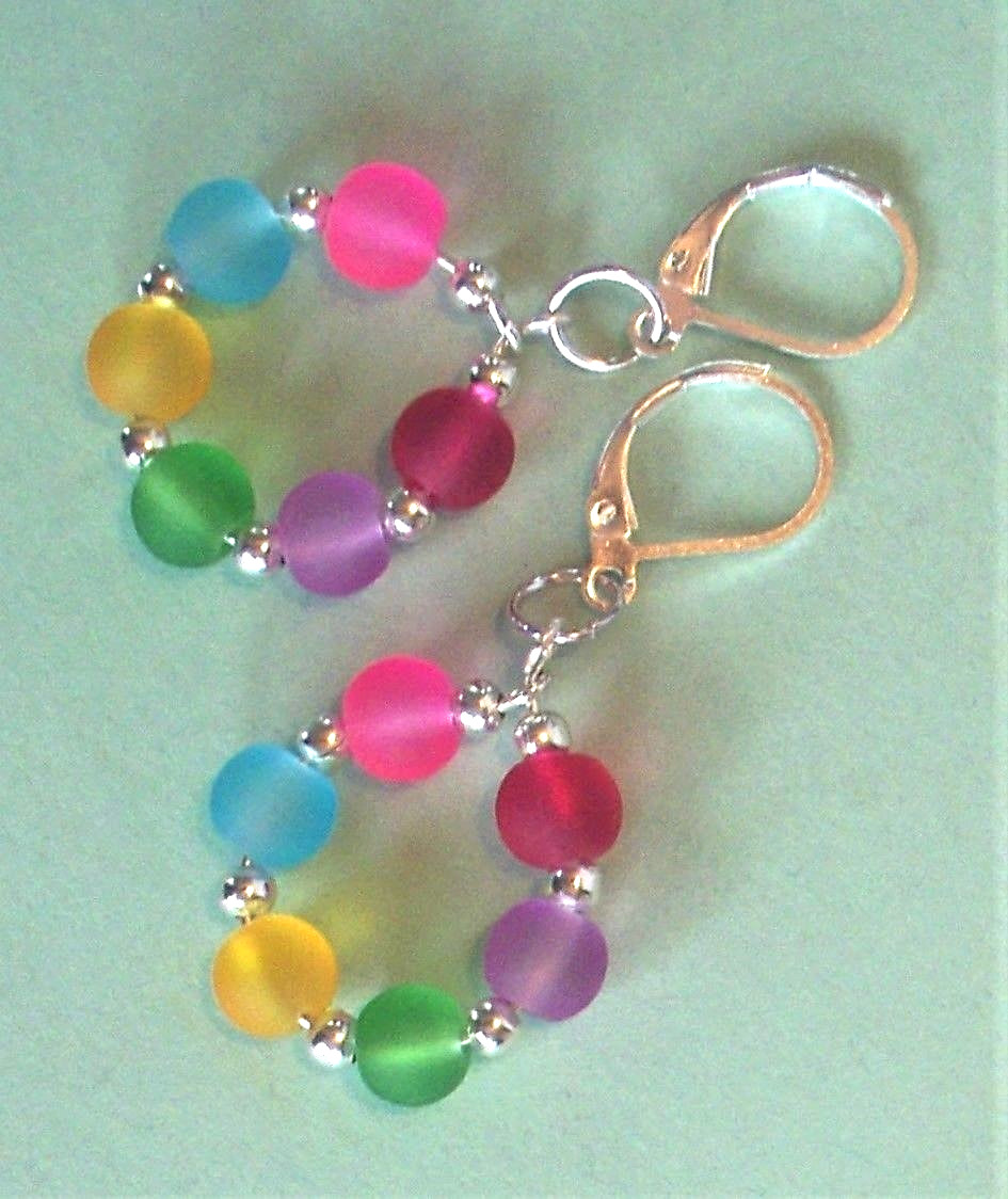 COLORFUL beach glass CRYSTAL earring HOOPS SP LEVERBACK handcrafted