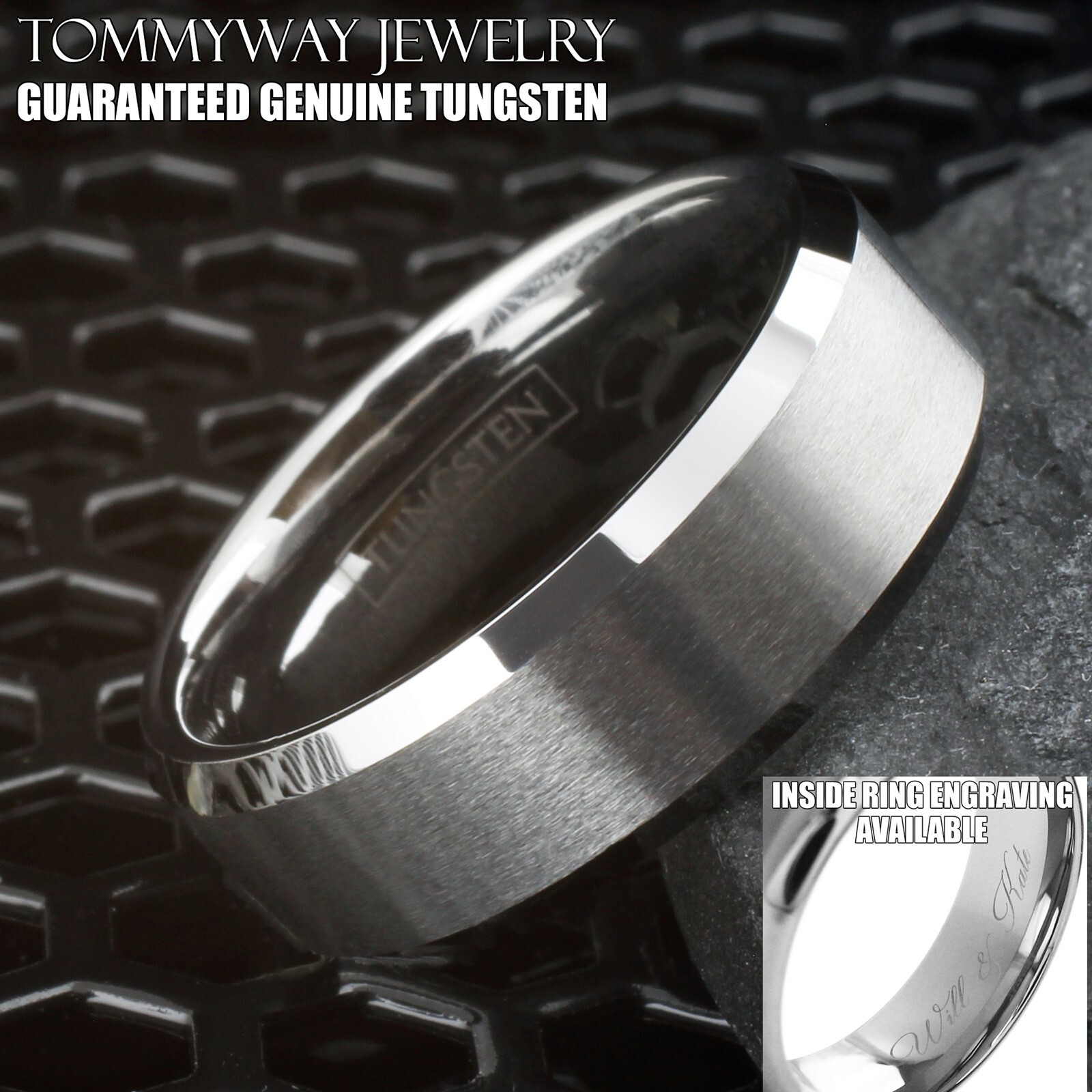 Personalized Tungsten Carbide Men’s Ring Brushed Center Wedding Band Jewelry