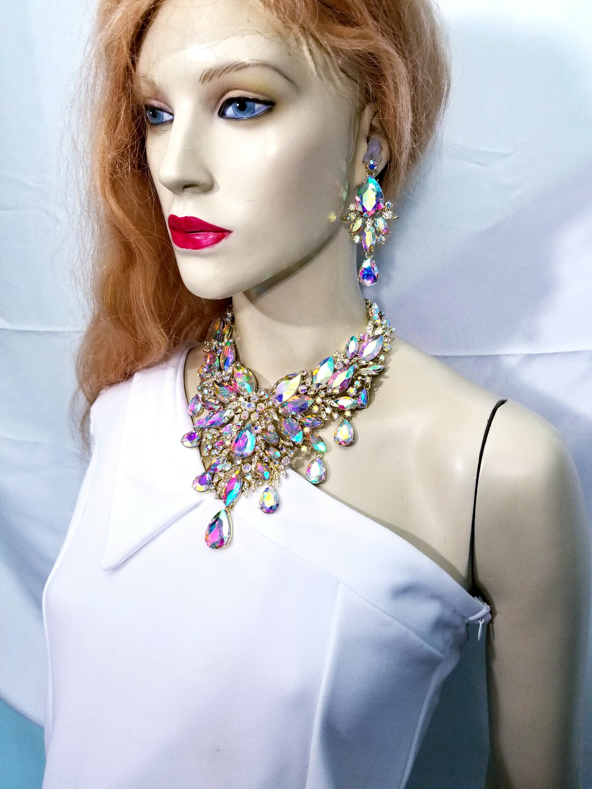 Breastshield Bib Necklace Earring Set Rhinestone AB