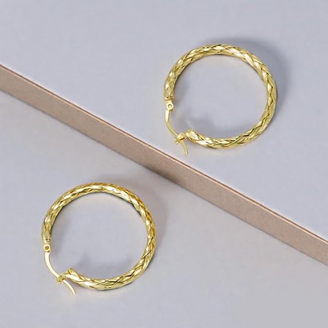 14K Gold Earrings for Women Weave Design Hoop Earrings Classic Earring 30MM