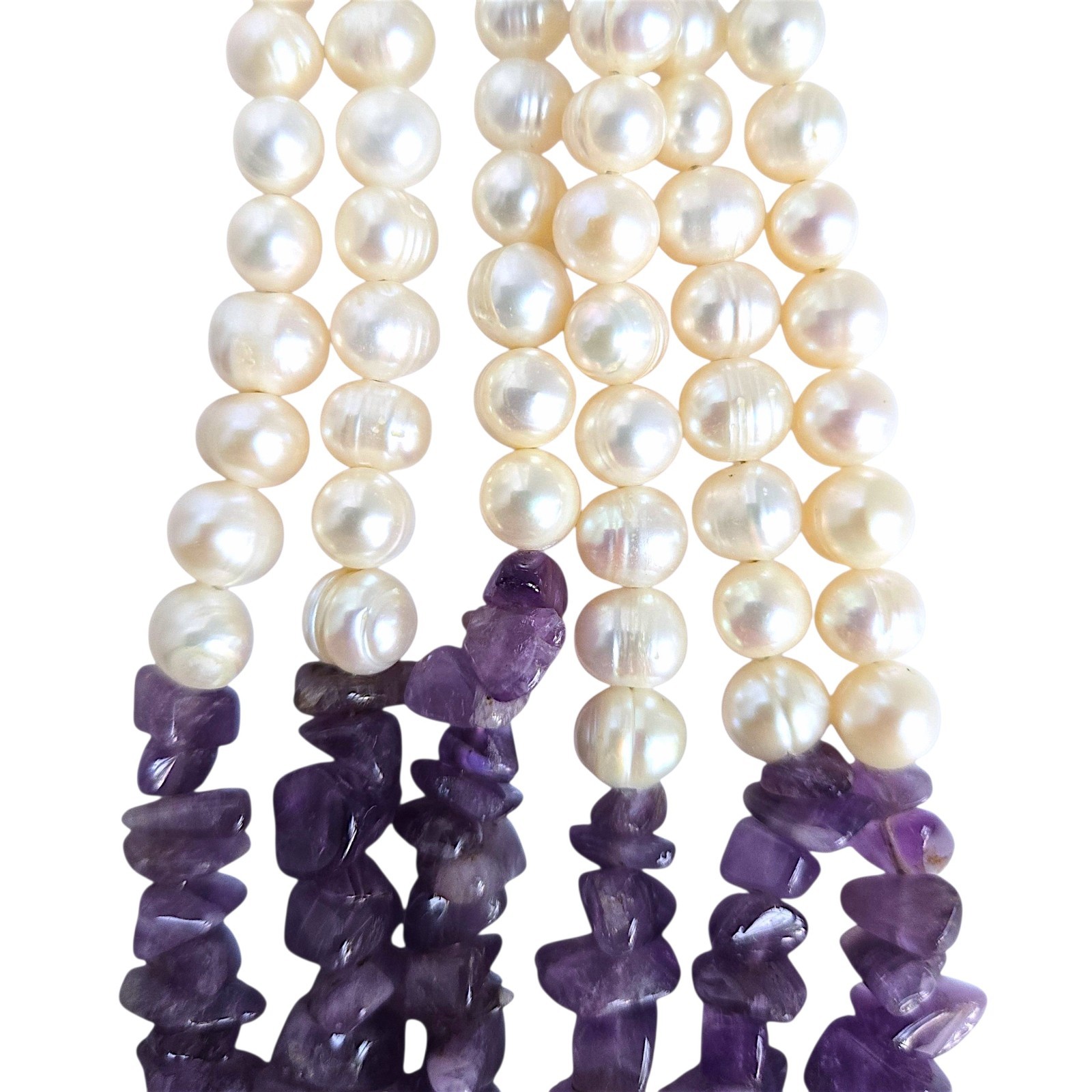 Freshwater Pearl Amethyst Multi Strand Necklace Sterling Toggle Purple White 18″