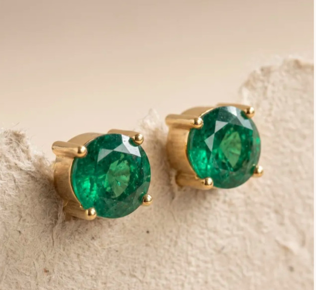 Natural Emerald 4Ct Round Cut Solitaire Stud Earring 14k White Gold Plated