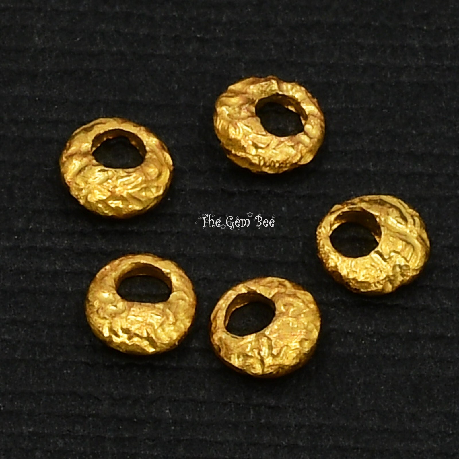 4mm 18k Solid Yellow Gold Hefty Disc Textured Rustic Nugget Spacer Beads (5)
