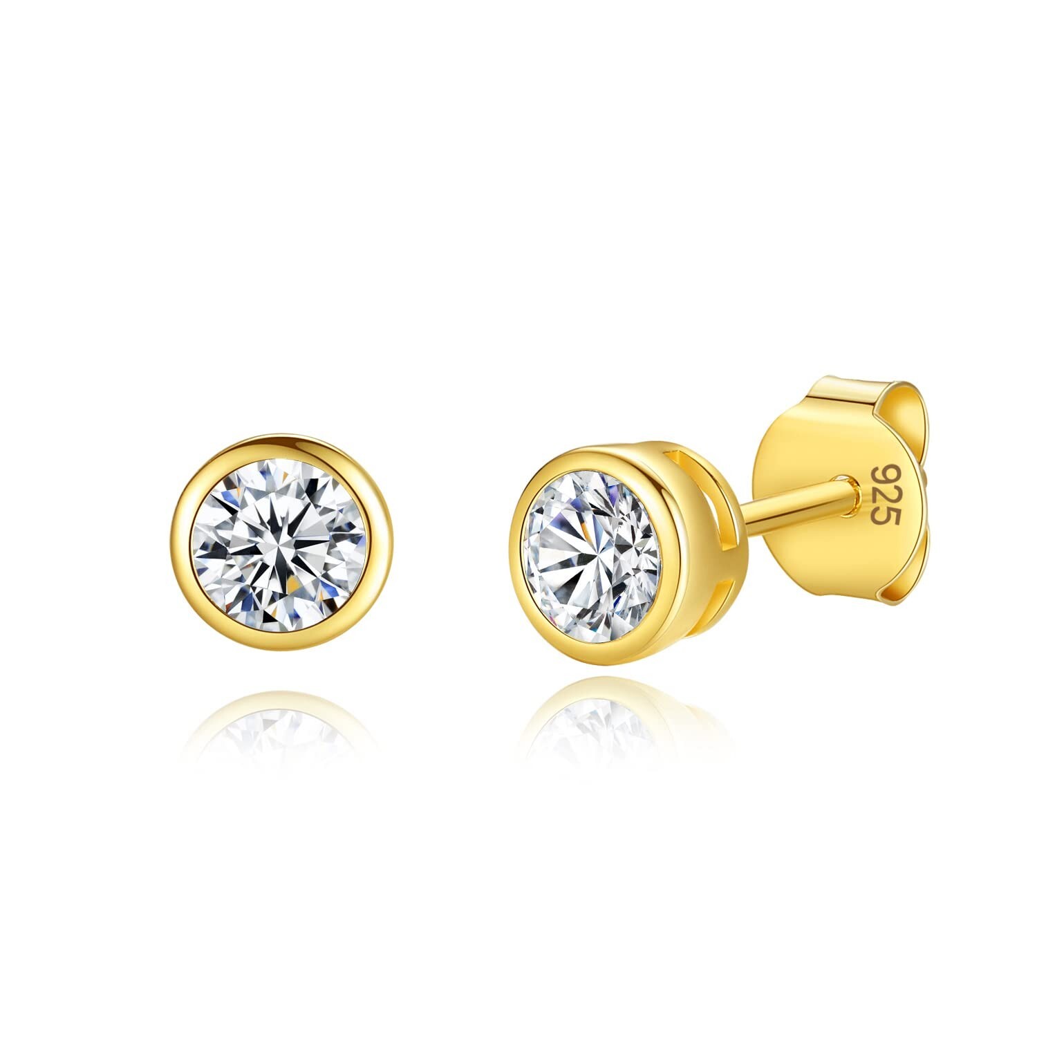 14K Gold Plated 925 Sterling Silver Cubic Zirconia Round Bezel Set Stud Earri…
