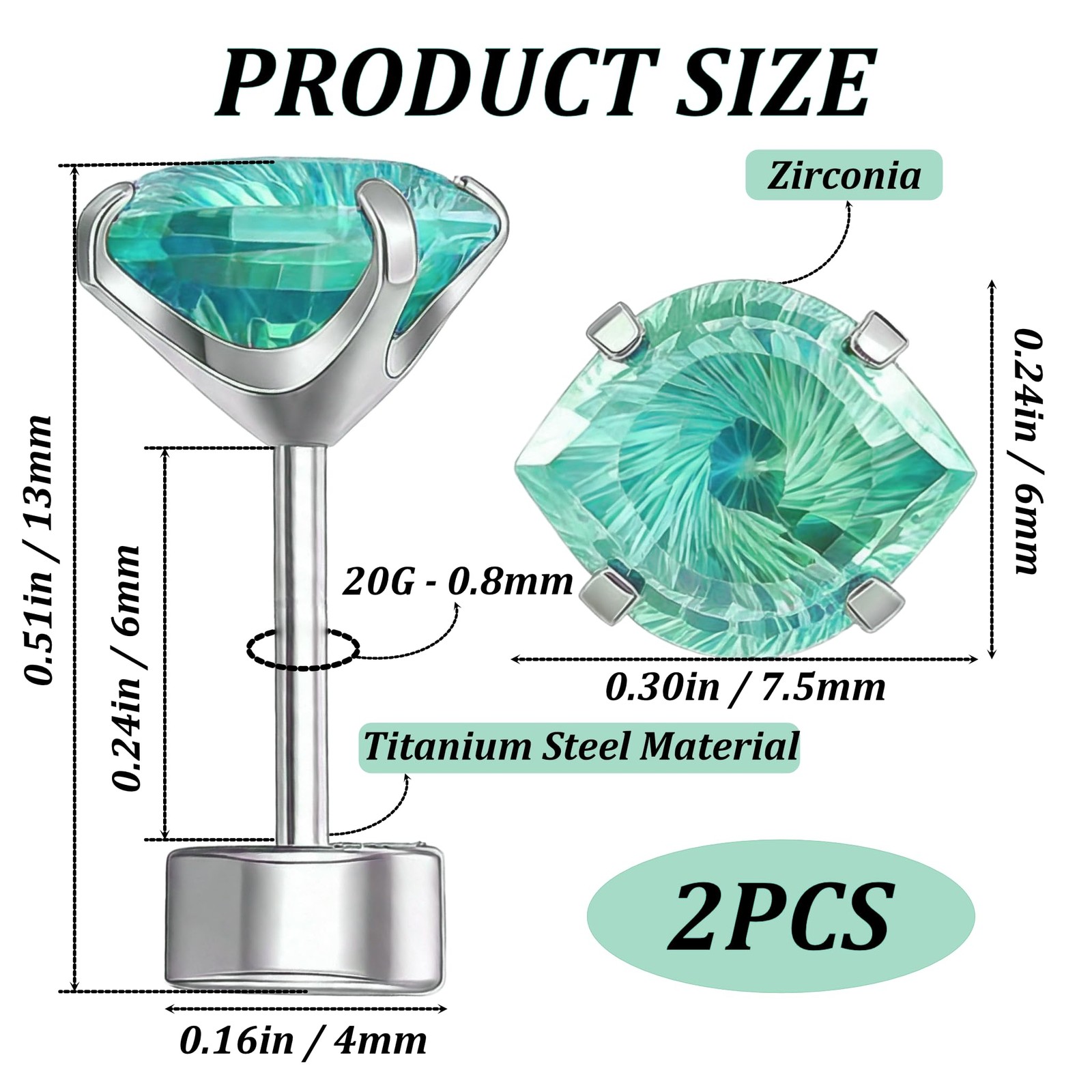 Titanium Evil Eye Flat Back Earrings, Emerald 20G (0.8mm), Green