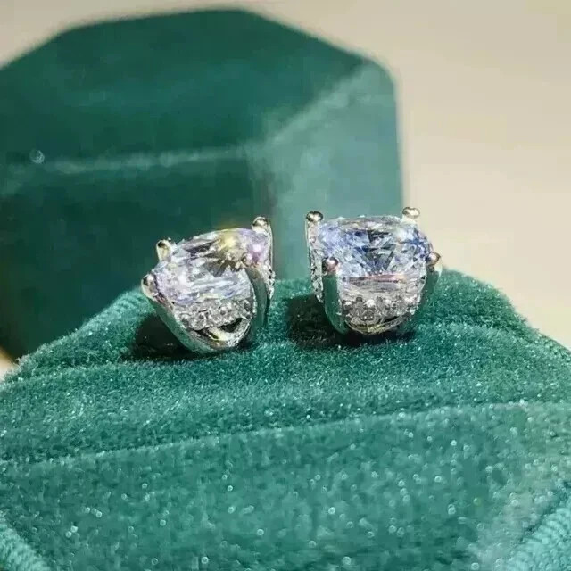 2 CT Cushion Cut Real VVS Moissanite Solitaire Stud Earrings 925 Sterling Silver