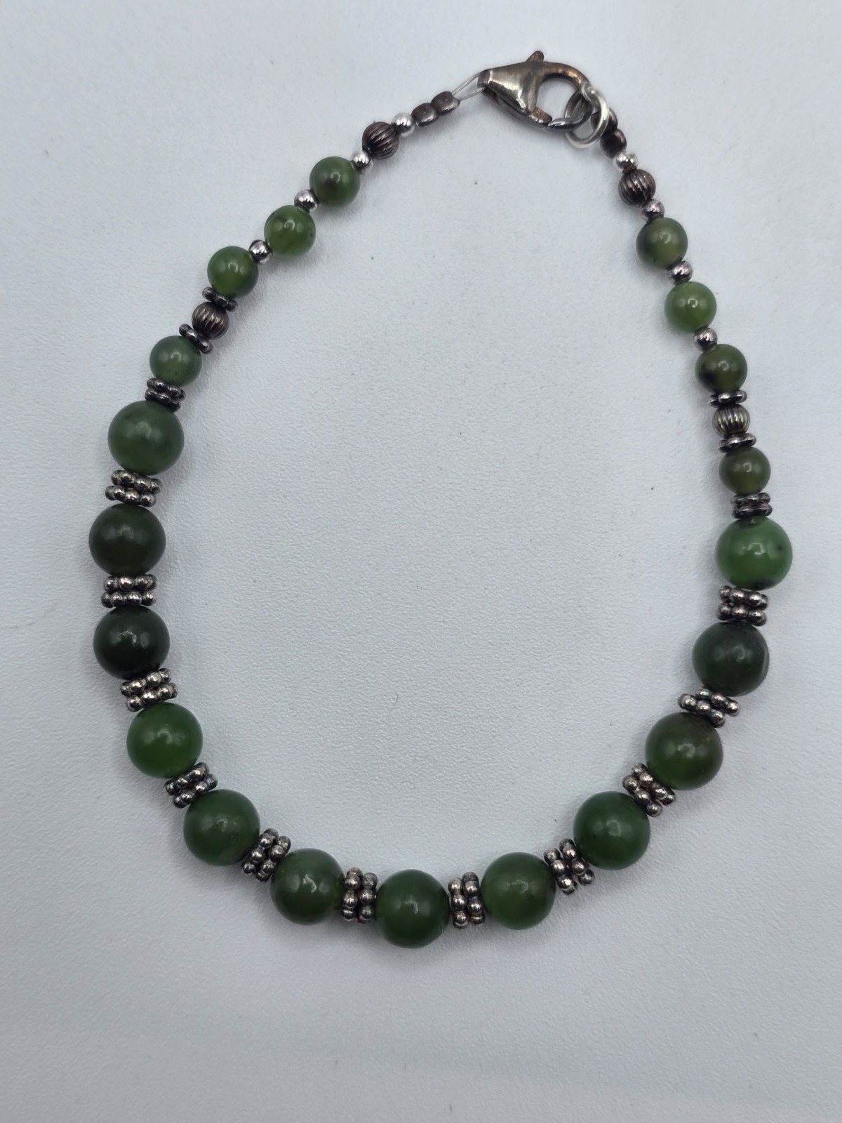 Vintage 925 Sterling Silver Natural Green Gemstone Beaded Bracelet 7″ Estate