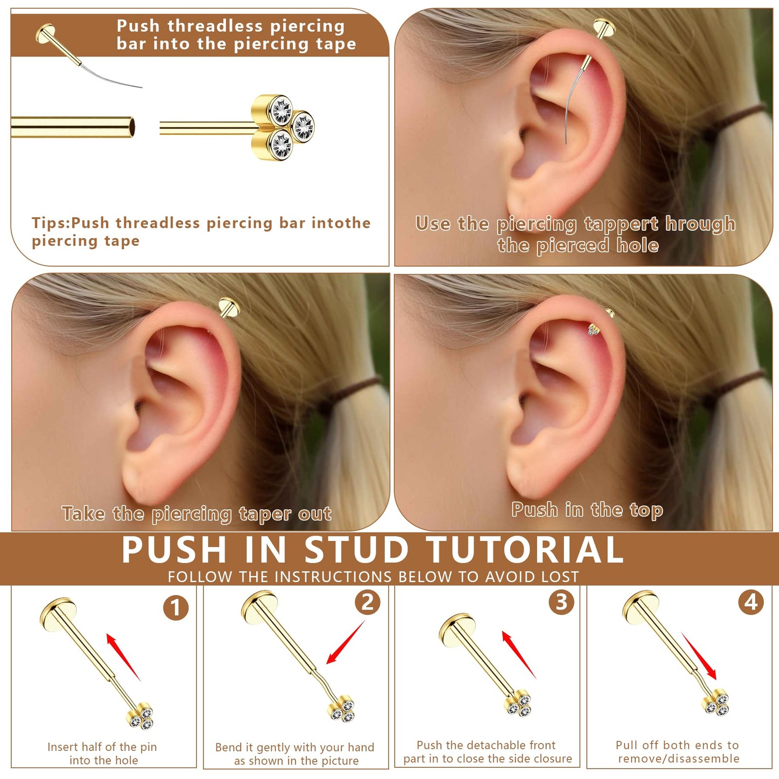 15Pcs 20G/18G/16G Flat Back Push in Stud Earrings 316L 16G(1.2mm), Golden