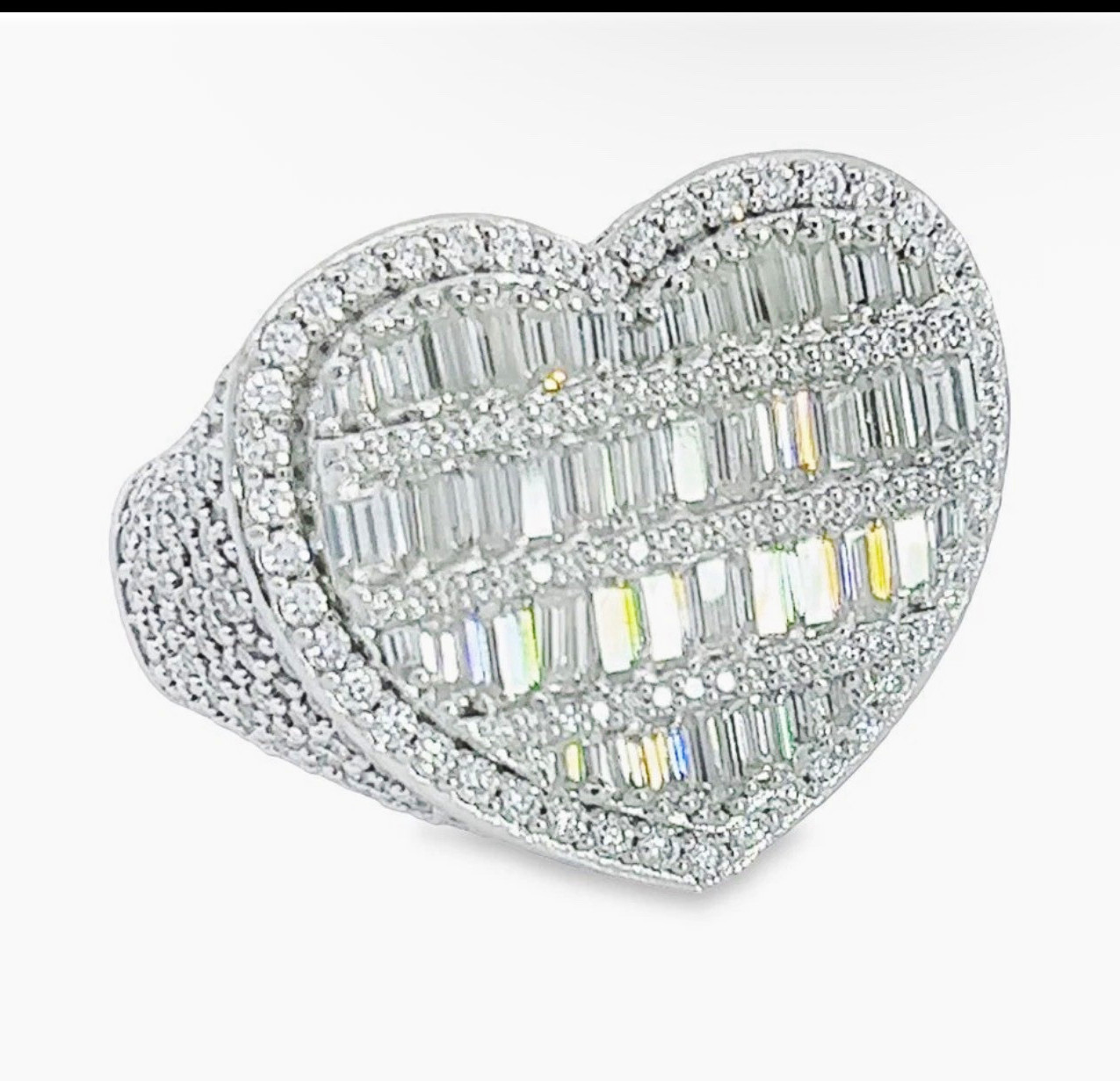 Silver Tone Heart Cluster Band Ring Size 9 w/ Baguette & Round Clear Stones