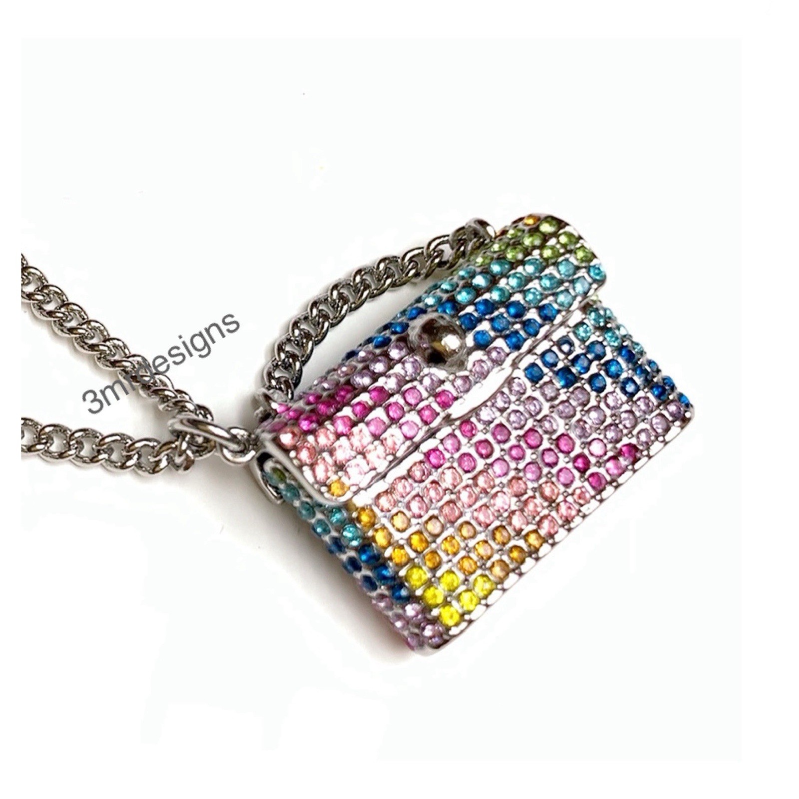 NWT KURT GEIGER Rainbow Crystals Silver Tone Kensington Mini Bag Long Necklace