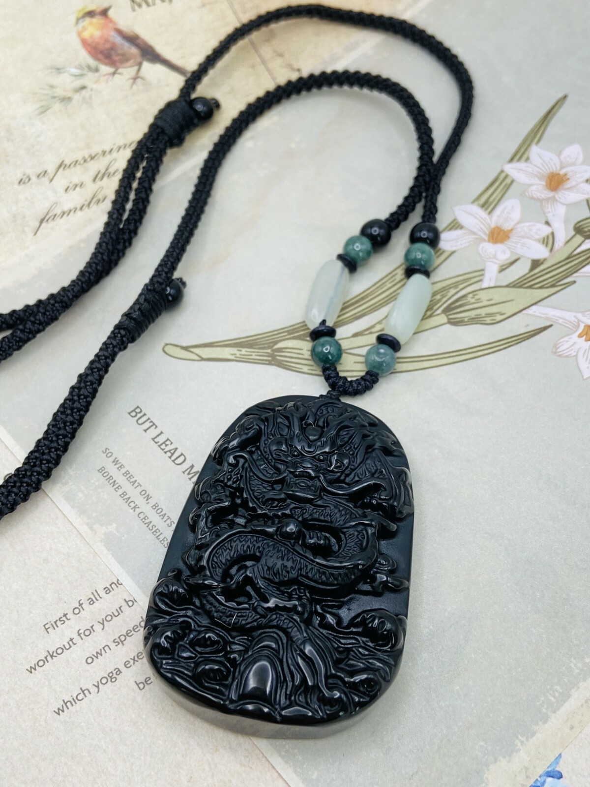 Jade Obsidian Dragon Charm Pendant Necklace Beads Cord Handmade Carved Gemstone