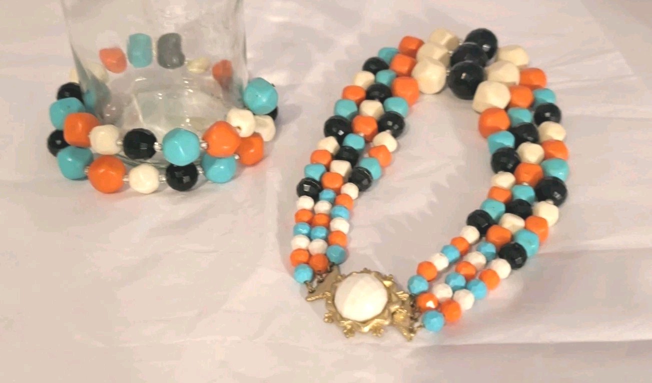 Vintage Multi-Color MCM 3 Strand Beaded Necklace & Single Strand Wrap Bracelet