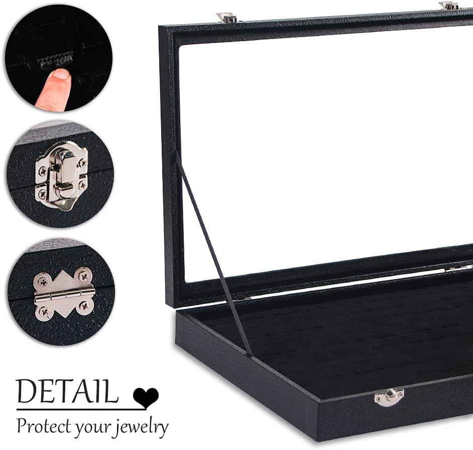 Ring Display Box 100 Slots with Glass Top Lid, Black Jewelry Storage Case