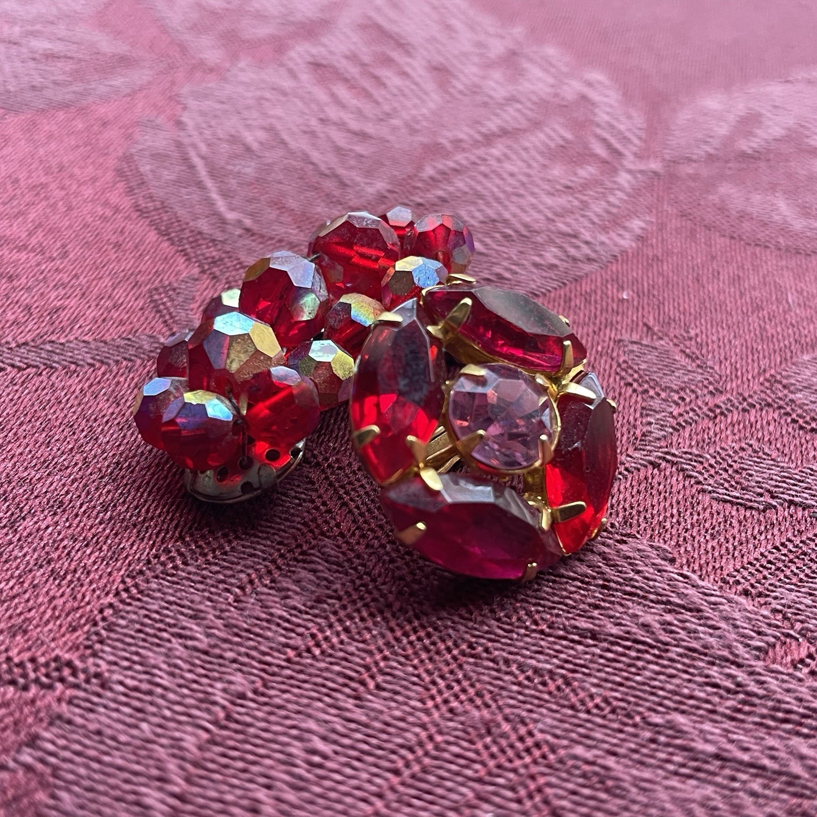 Vintage Pair Of Red Clip On Earrings Lot Dome Beaded Cabuchons