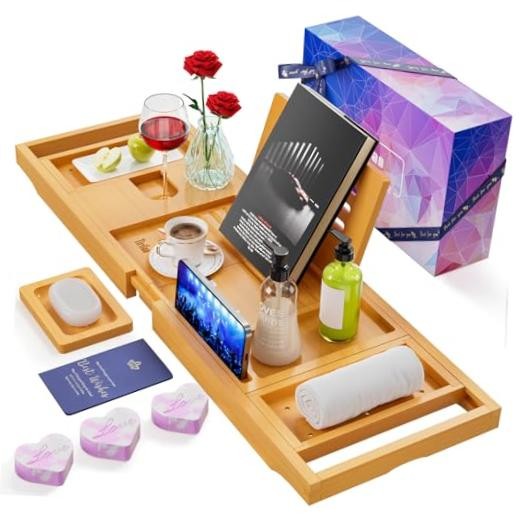 Lux Expandable Bathtub Tray Caddy with 3 Bath Bombs-Self Care A-bamboo-gift Set