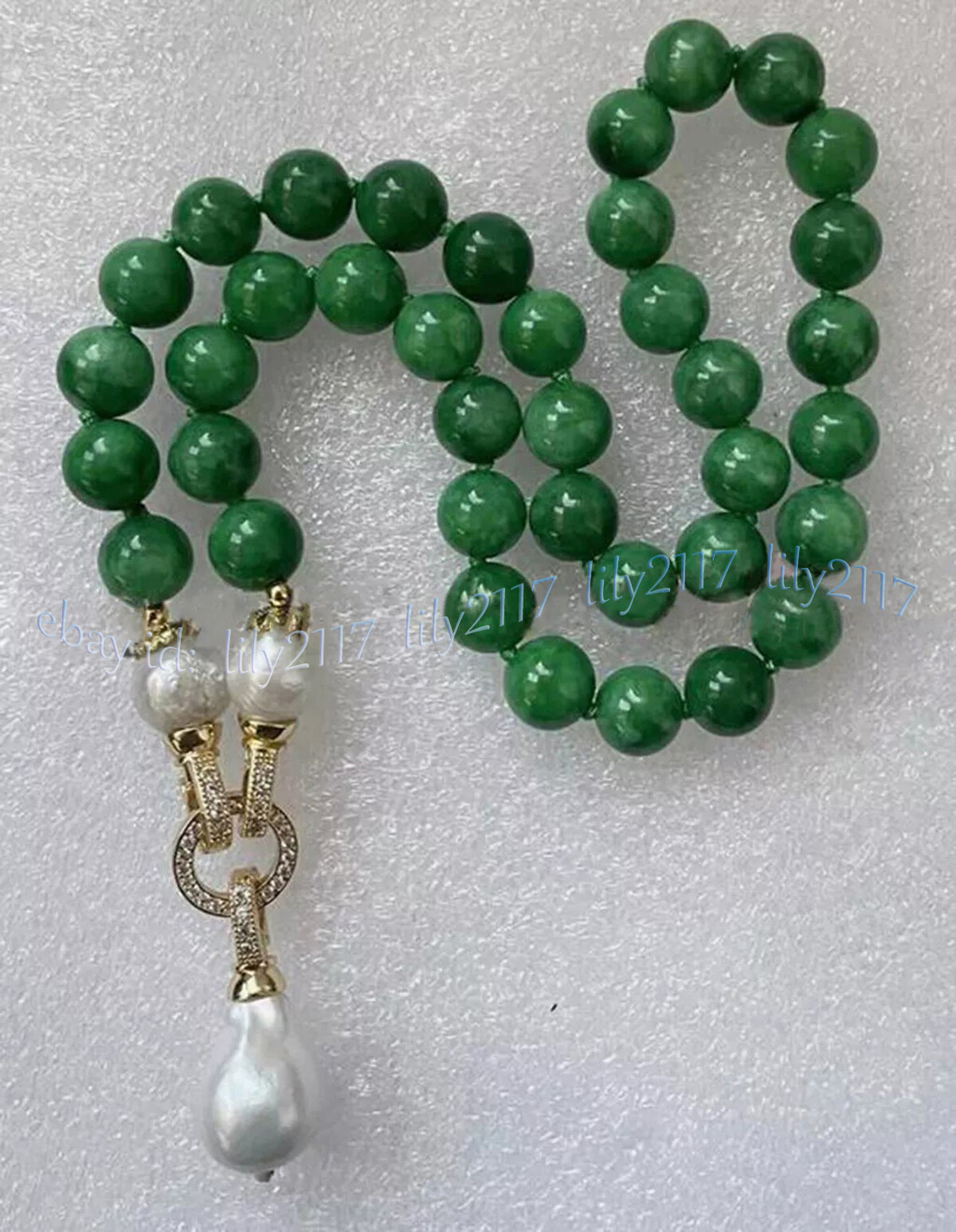 Natural Green Jade Round Gems Beads White Baroque Keshi Pearl Pendant Necklace