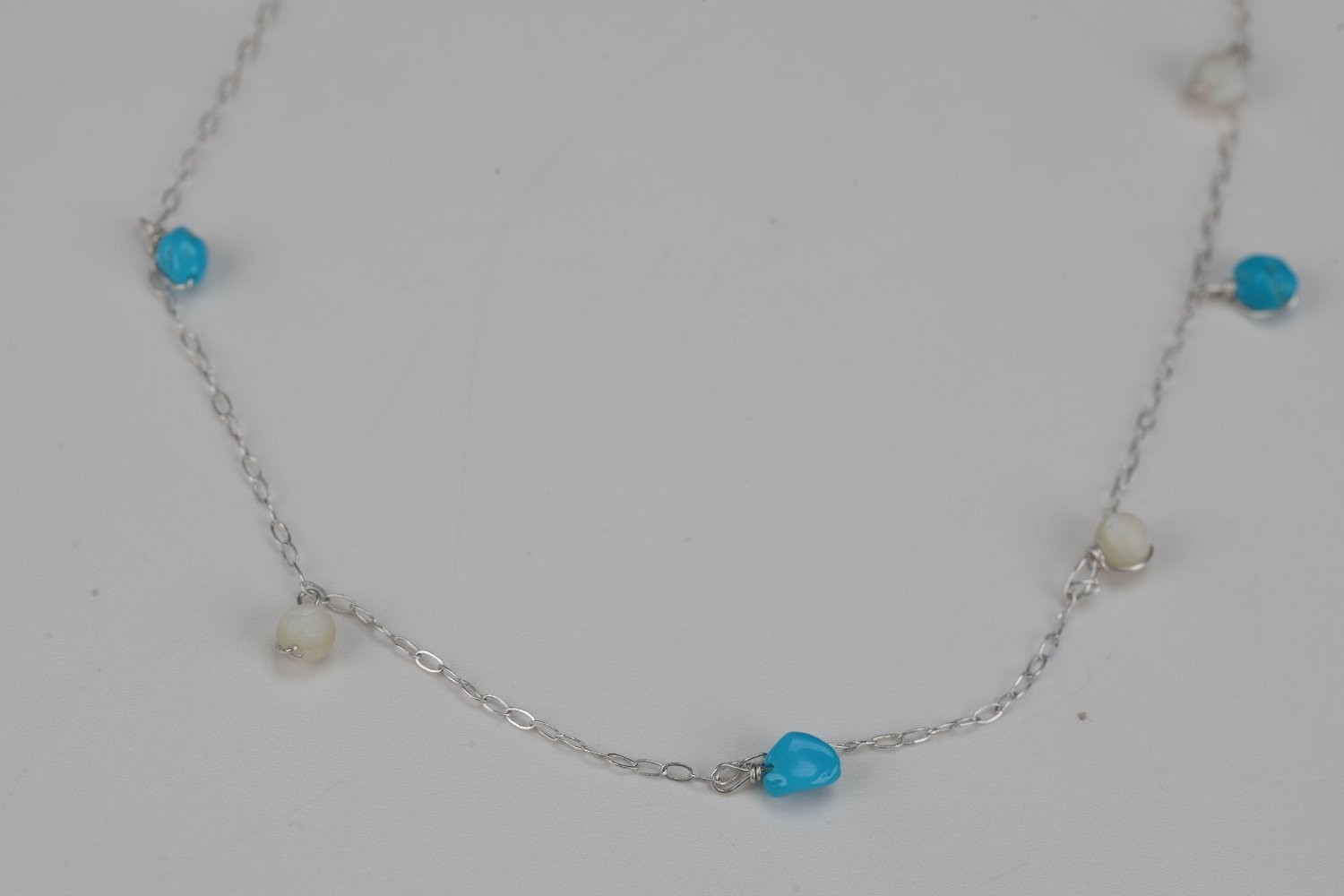 Sterling Silver 925 Turquoise Mother of Pearl Station Necklace 18 Inch 2g