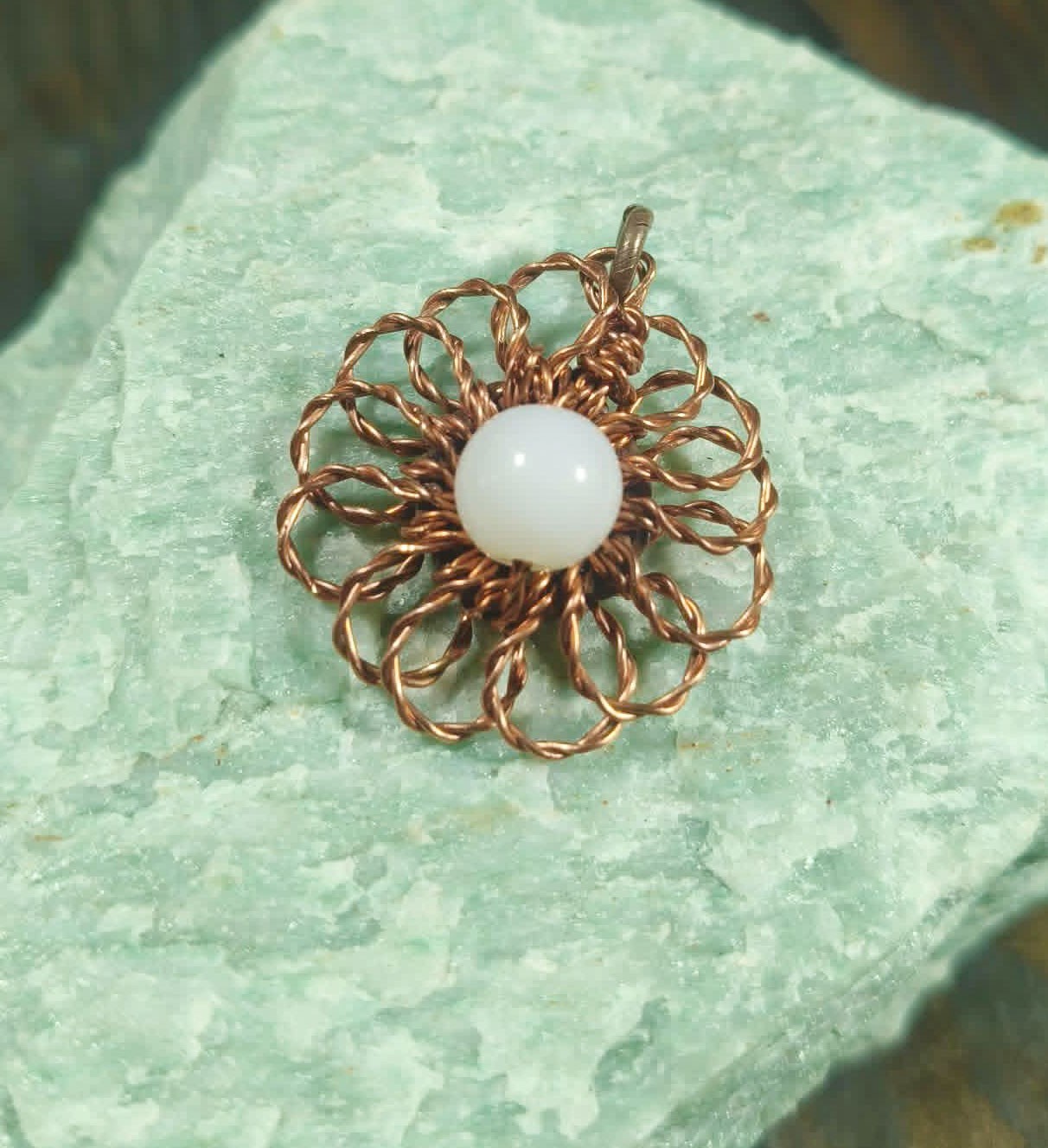 Flower Pendant Copper Daisy Wire Wrapped Mandala Jade Energy Lucky Jewelry #PM3