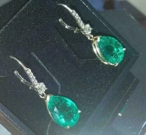 2CT Pear Cut Simulated Green Emerald Drop Dangle Earrings 14K Yellow Gold Plated