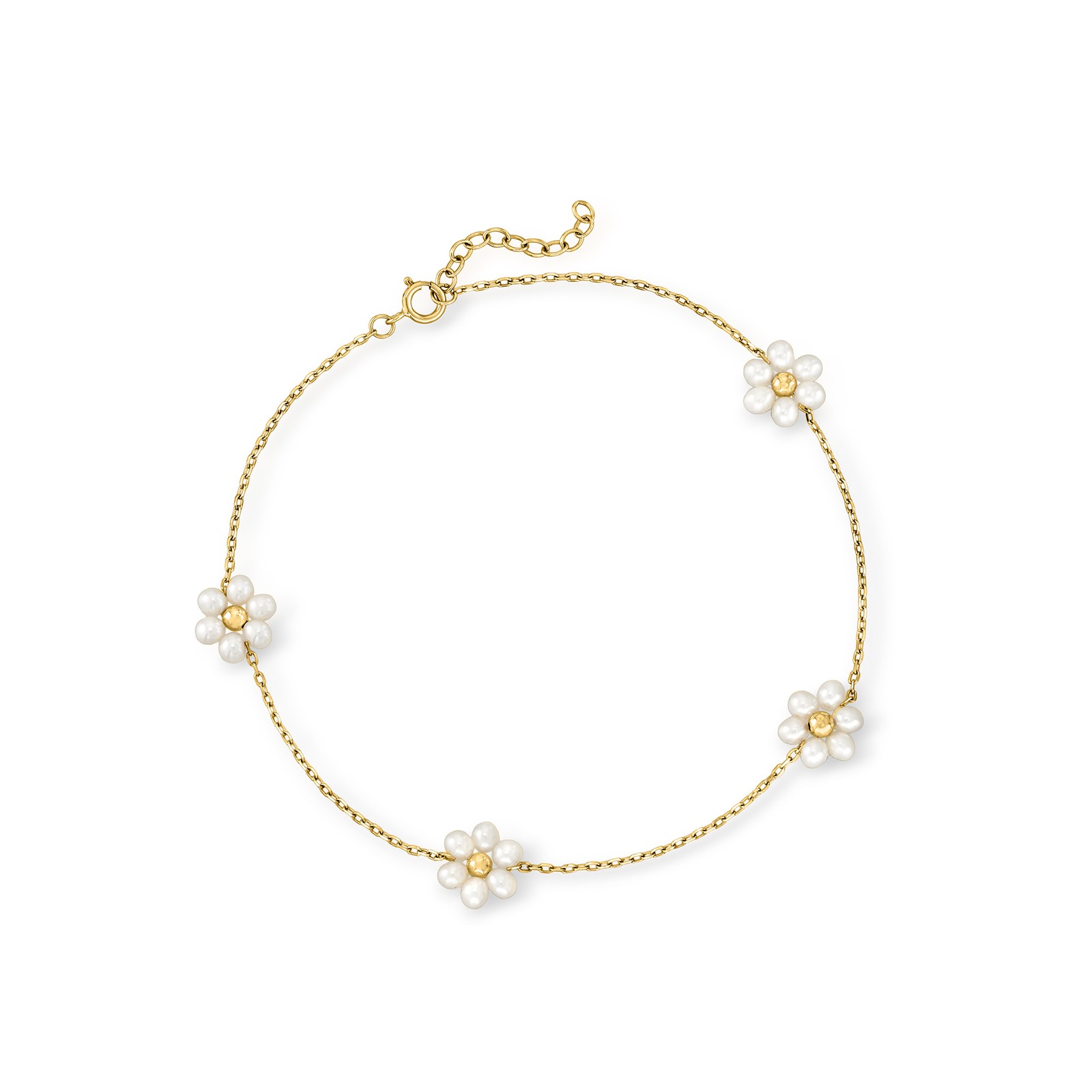 3-3.5mm Cultured Pearl Flower Station Anklet in 14kt Yellow Gold. 9 inches