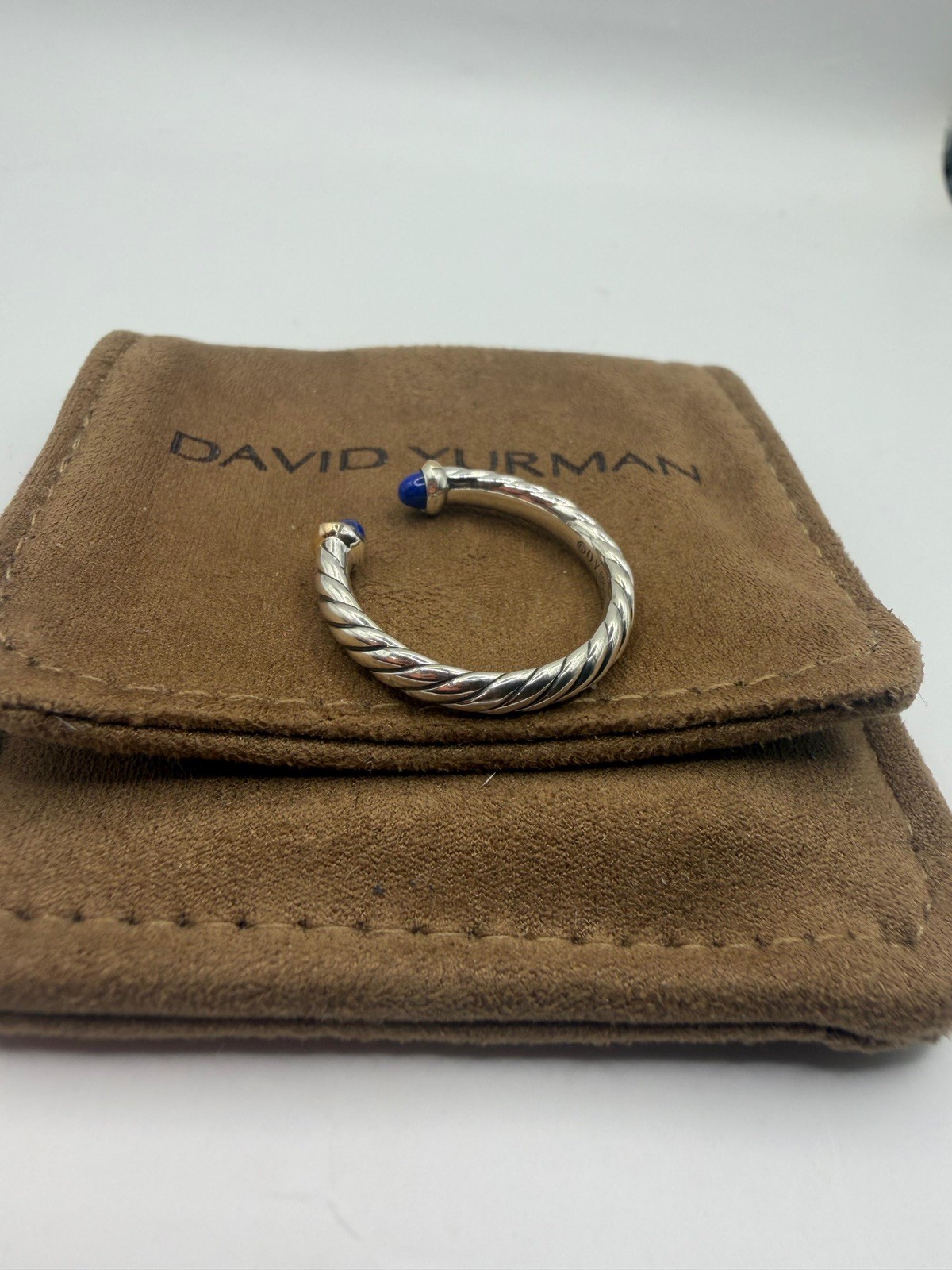 David Yurman Sterling Silver Petite Cable Open Ring W/ 14k Gold & Lapis Size 7