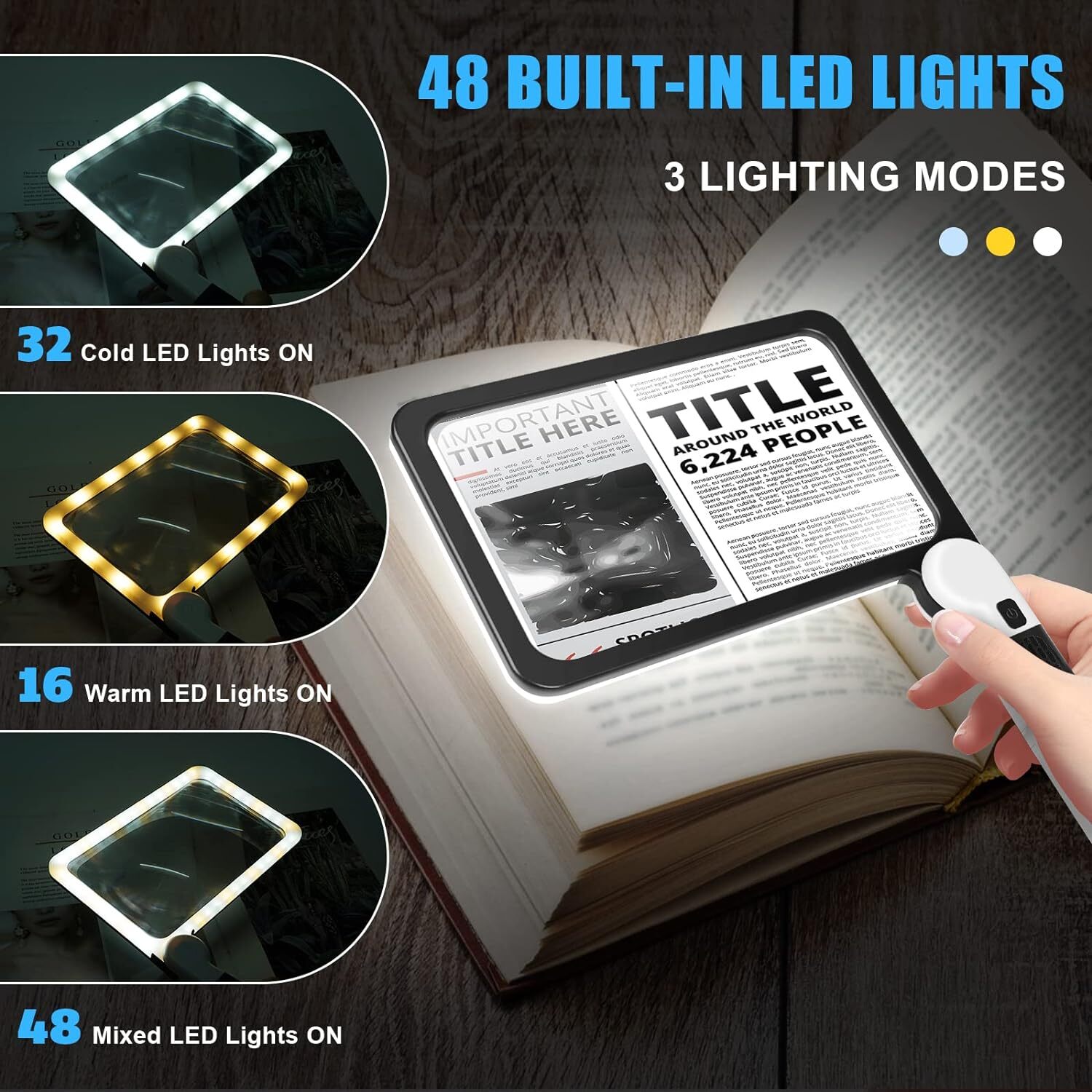 Large Magnifying Glass With 48 LED Light Dimmable 5X Reading Foldable Magnifier