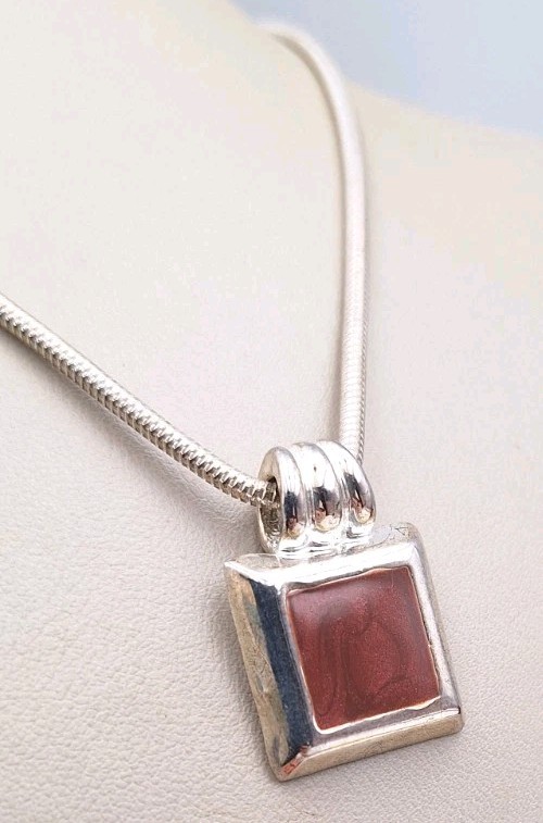 Silvertone Square Enamel Inlay Pendant Charm Necklace Round Snake Chain 16″-19″