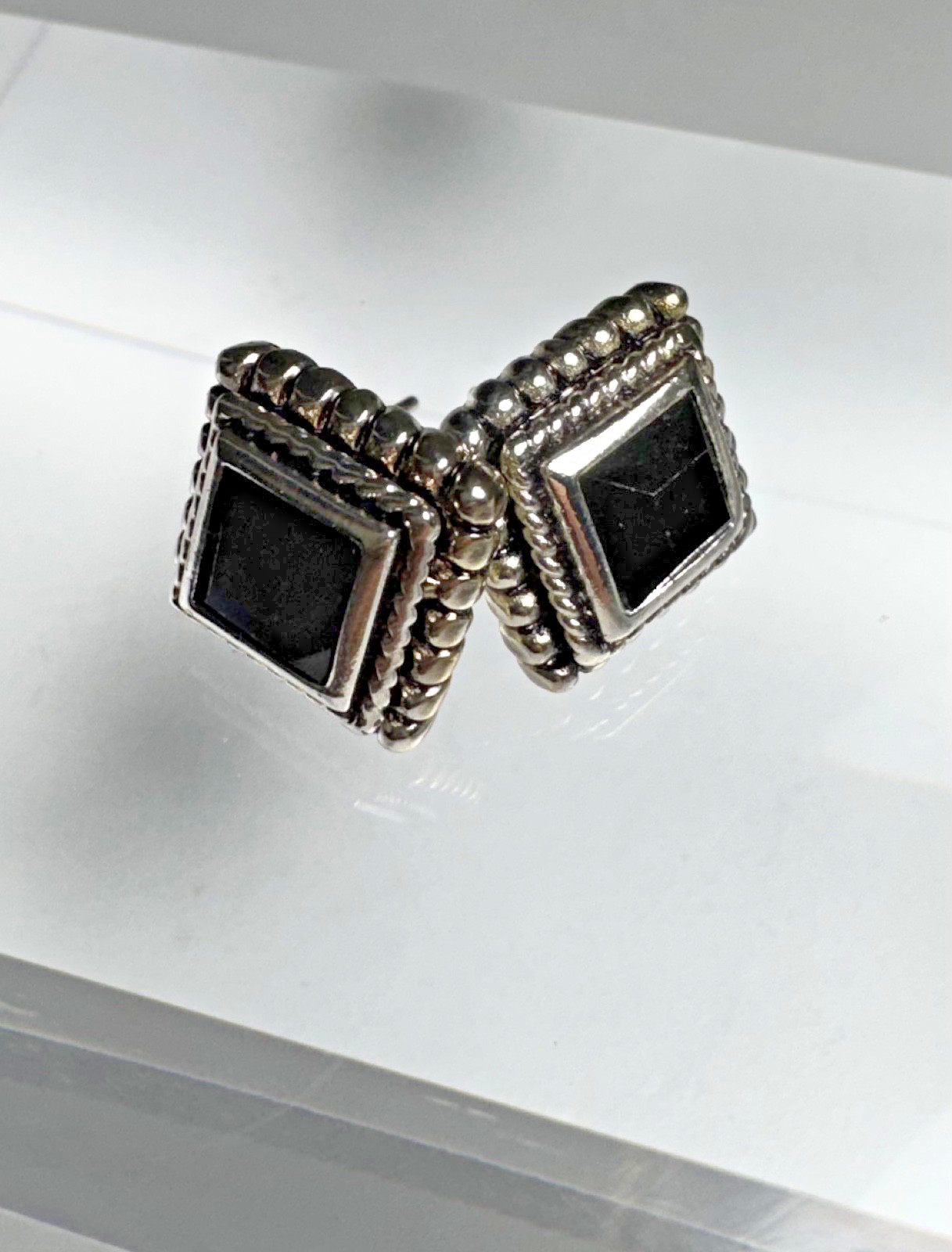Roman Black Crystal Square Stud Earrings Silver Tone Art Deco Pierced