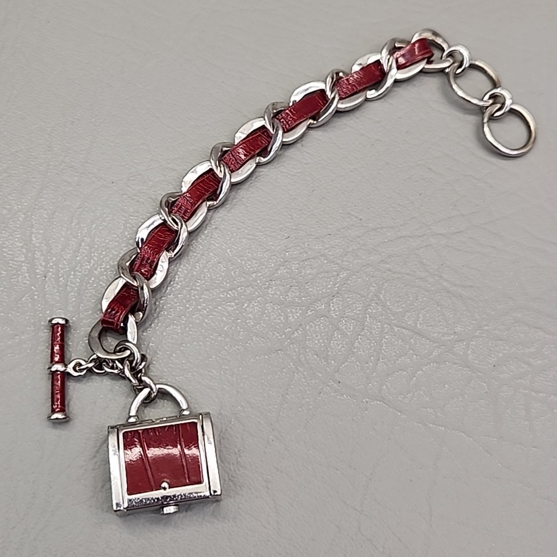 Ecclissi Bracelet Purse Charm Watch Red Faux Leather Silver Tone Chain 7″