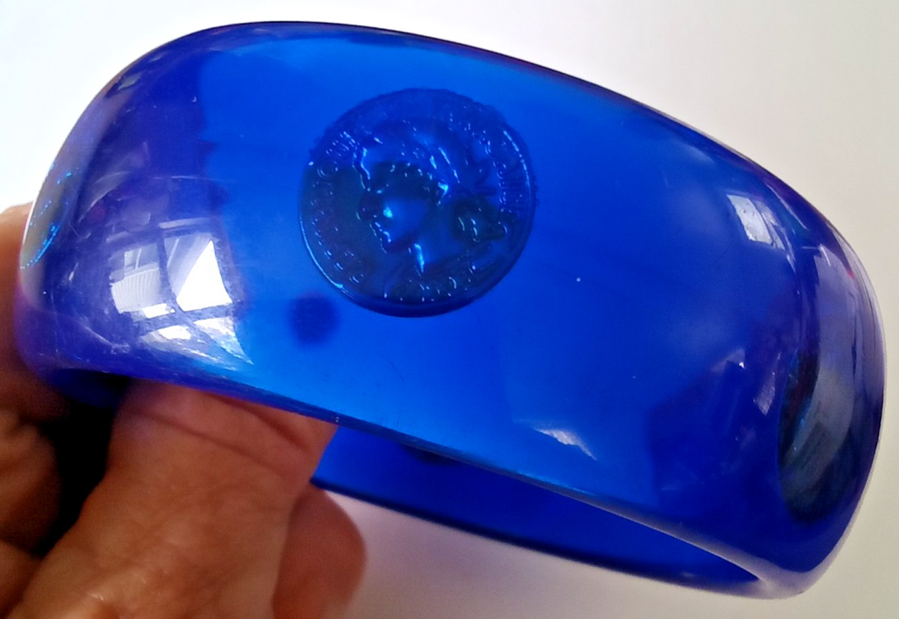 Vintage Lucite Blue Transparent with Embedded Faux Coins Bangle Bracelet 1″Wide