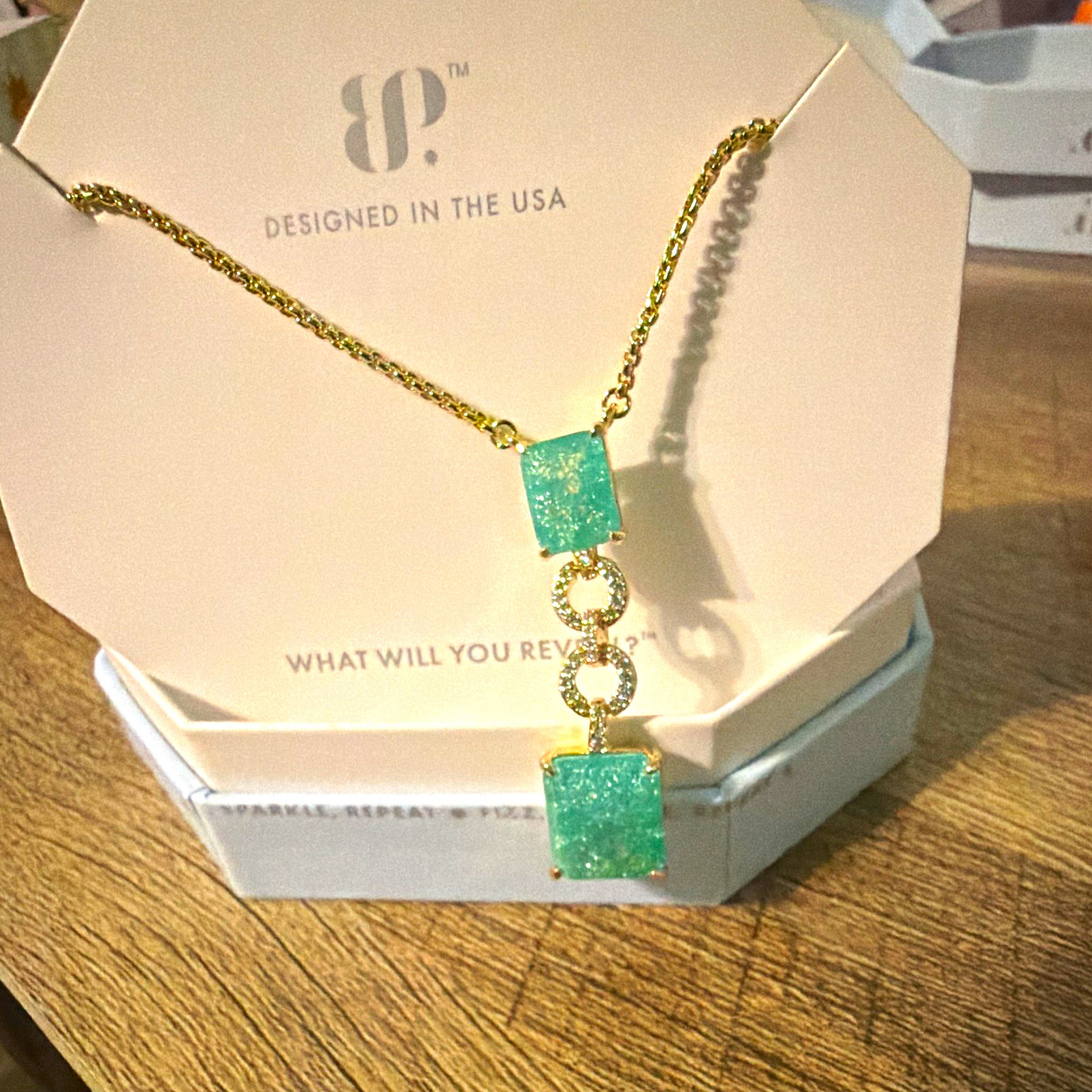 BP OG “Say It Again” Teal Ice Crystal Necklace Gold Plated NK89388 18″ + Ext