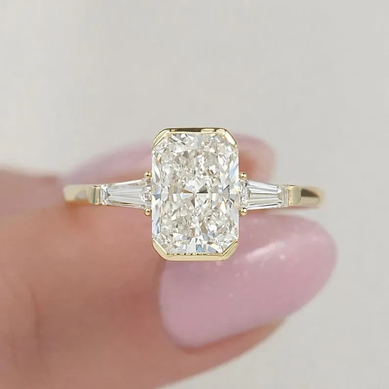 3CT Radiant Moissanite Half Bezel Engagement Ring In 14k Yellow Gold Plated