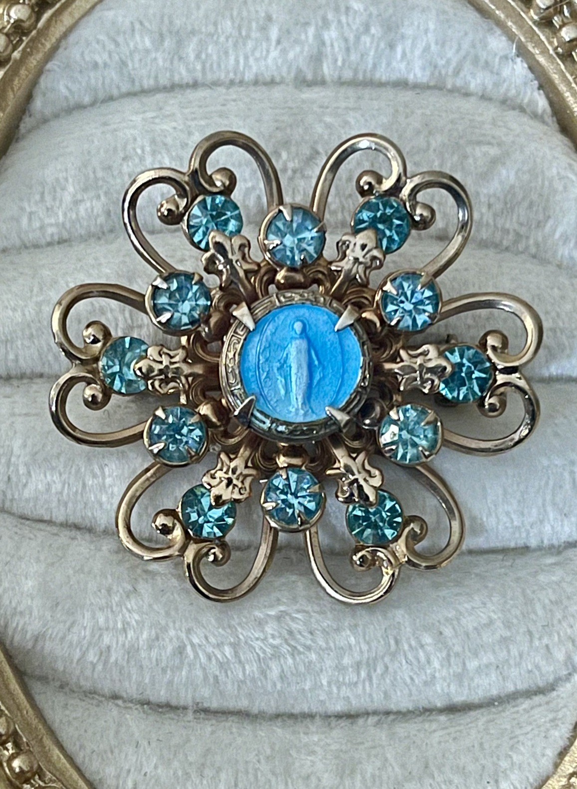 Vintage Mary Brooch Immaculate Conception Blue Rhinestone Religious Vintage