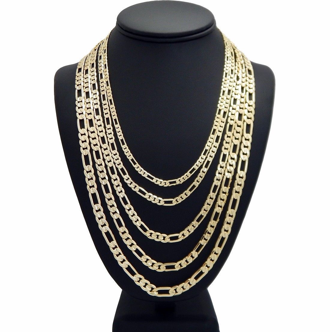 Diamond Shape Cut Italian Figaro Link Chain Necklace 4mm to 12mm 14K Gold Plated