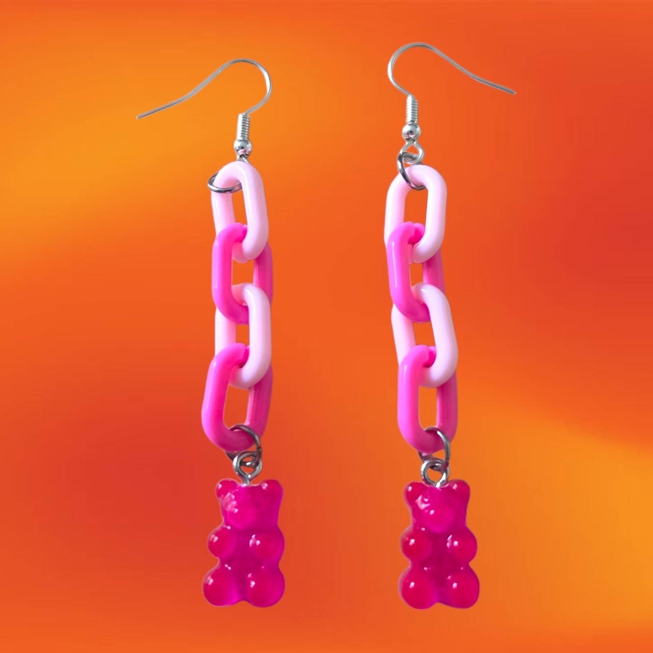 NEW Handmade Pink Chain Link Gummy Bear Stainless Steel Earrings Cute 1 Pair AU