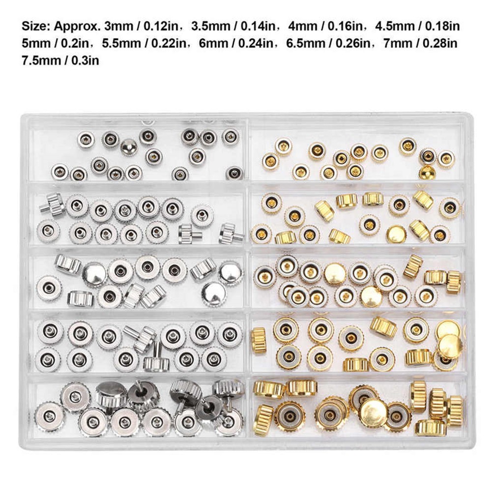 100Pack 3.0‑7.5mm 10-Size Watch Crown Head Assortment Watchmaker Repair Box Kit