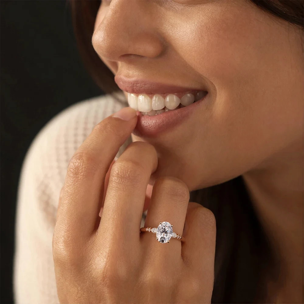 1.50 CT Oval Moissanite Solitaire with Accents Wedding Ring 14K Rose Gold Plated