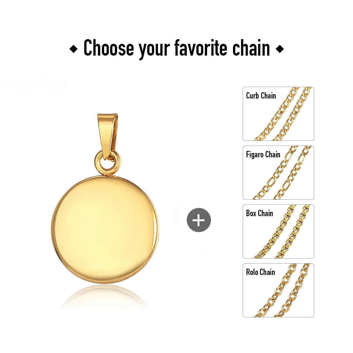 Gold Plated Stainless Steel Round Blank Tag Charm Necklace Box/Curb/Figaro/Rolo