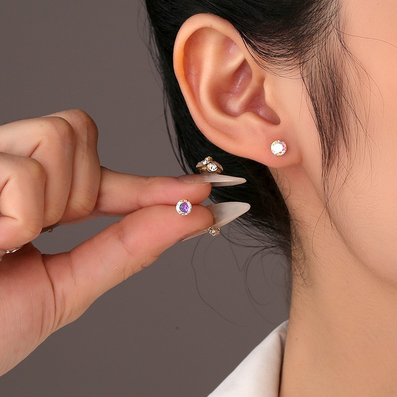 Men Women Iridescent Round Solitaire 925 Sterling Silver Mini Stud Earring GIFT