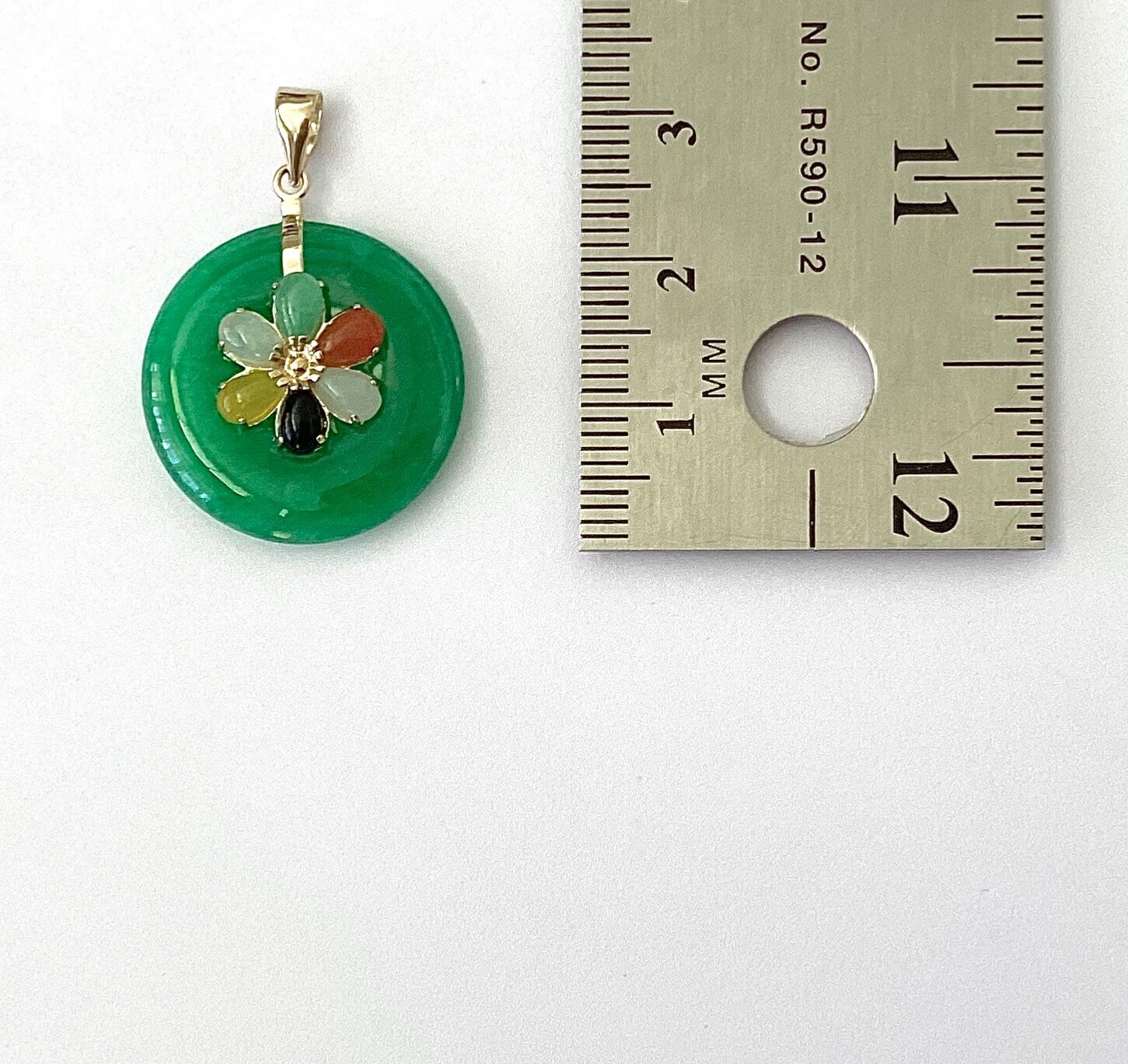 Solid 14K Yellow Gold Green Jade & Multicolor Jade Flower Pendants NEW