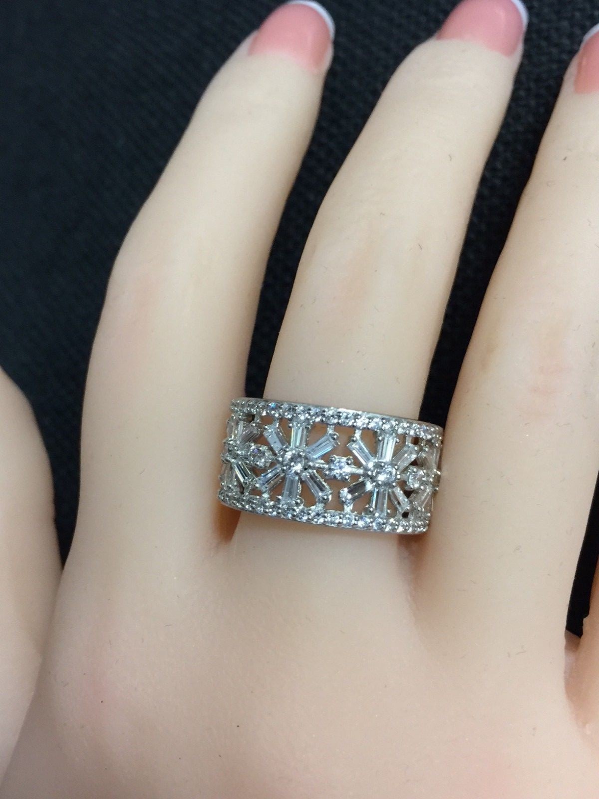 Beautiful Round & Baguette Clear CZ Eternity Band Silver Rhodium Plated Size 7
