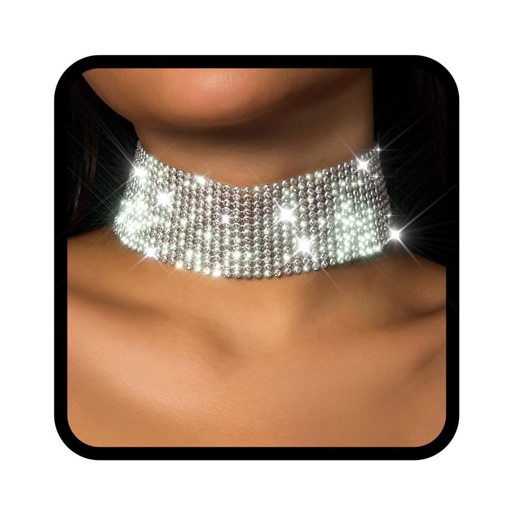 Rhinestone Necklace Jewelry Silver Crystal Wide Choker Necklace Sparkly Collar N