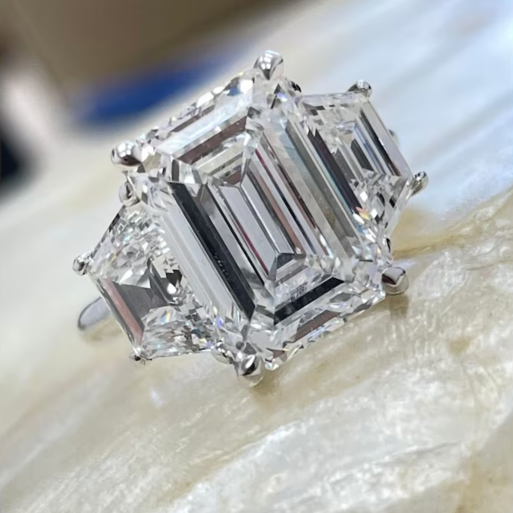 Diamond Ring Engagement Gold Lab Grown Emerald Cut IGI 14K White 6.80 Carat